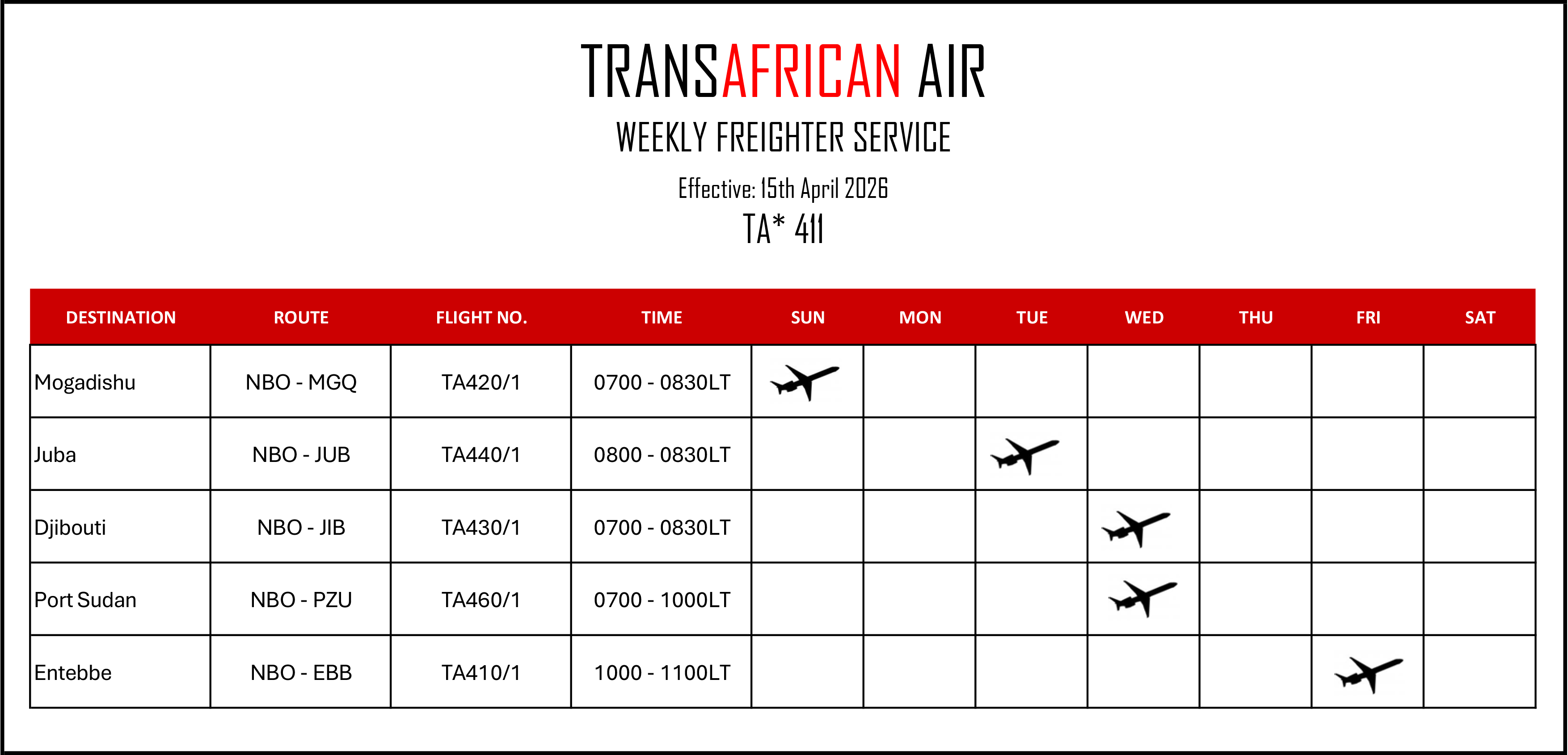Transafrican Air Weekly Freighter Service Schedule